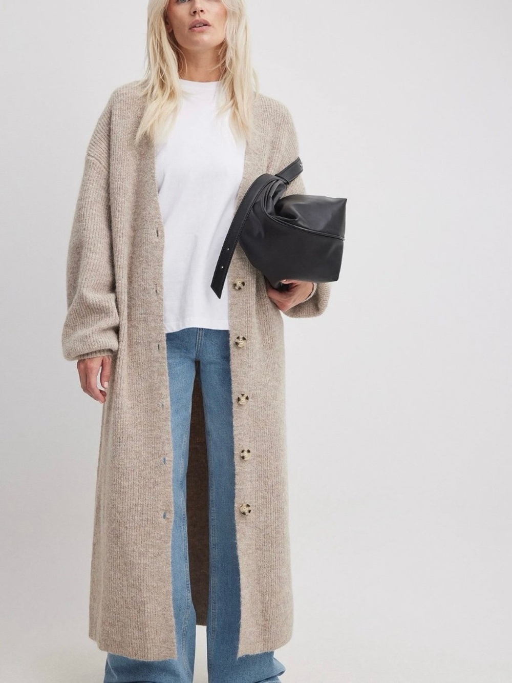 Long Open-Front Beige Button-Down Cardigan Coat
